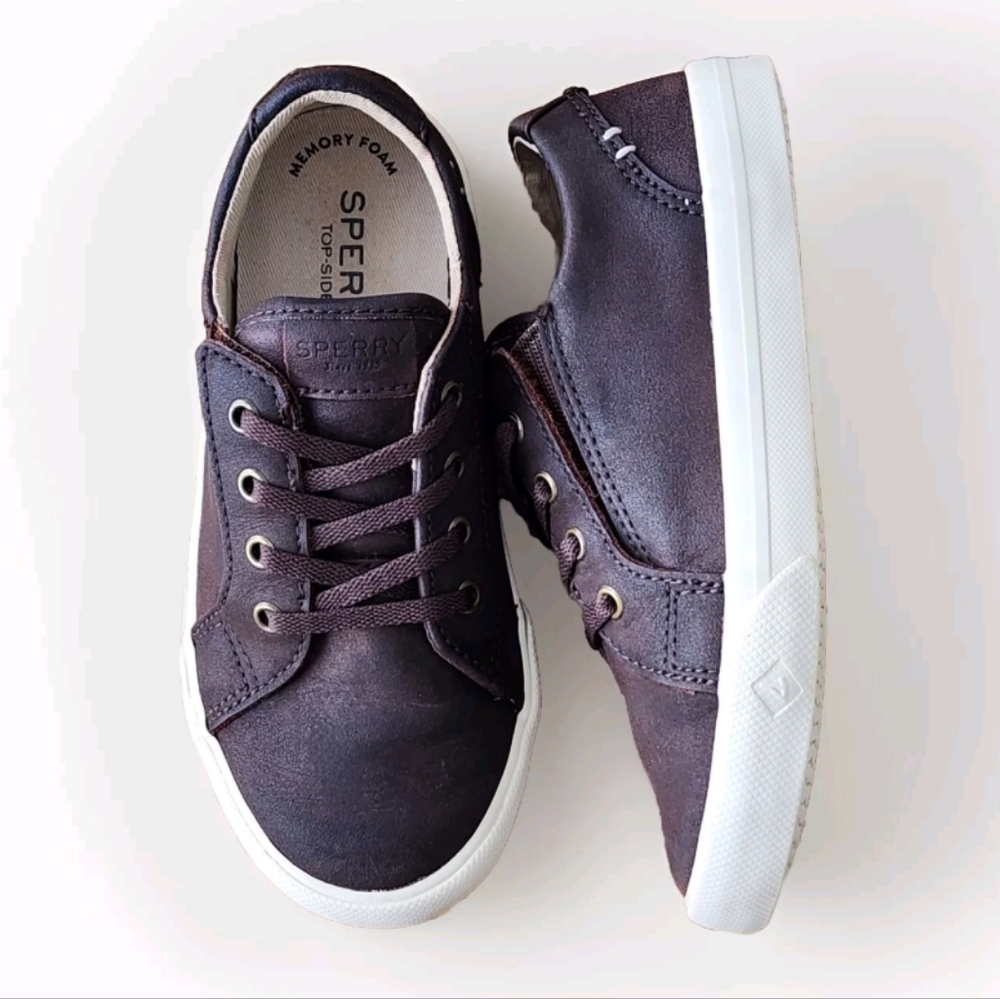 Sperry Leather Little Boys 11.5 Striper II Retro Jr Sneakers Slip On Shoes Brown